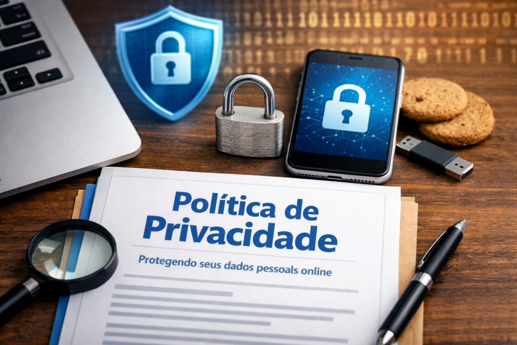 Texto alternativo (ALT) sugerido: “Documento de política de privacidade com cadeado de segurança, smartphone e laptop representando proteção de dados online.”