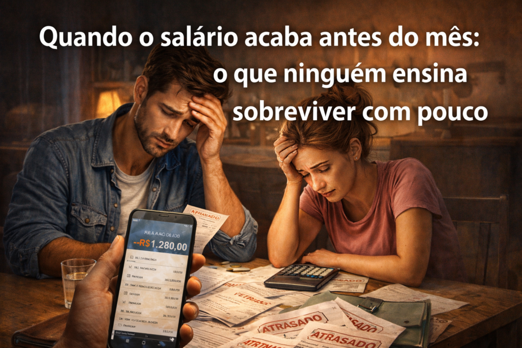 Casal preocupado com Dívidas quando o dinheiro acaba antes do mês