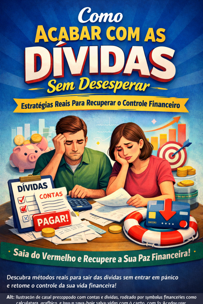 Como Acabar com as Dívidas Sem Desesperar — Estratégias Reais Para Recuperar o Controle Financeiro”, mostrando um casal preocupado analisando contas e calculadora sobre a mesa