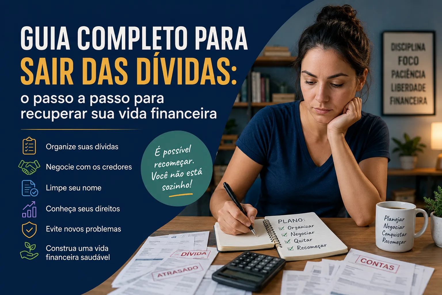 Mulher fazendo contas usando o guia completo para sair das dívidas